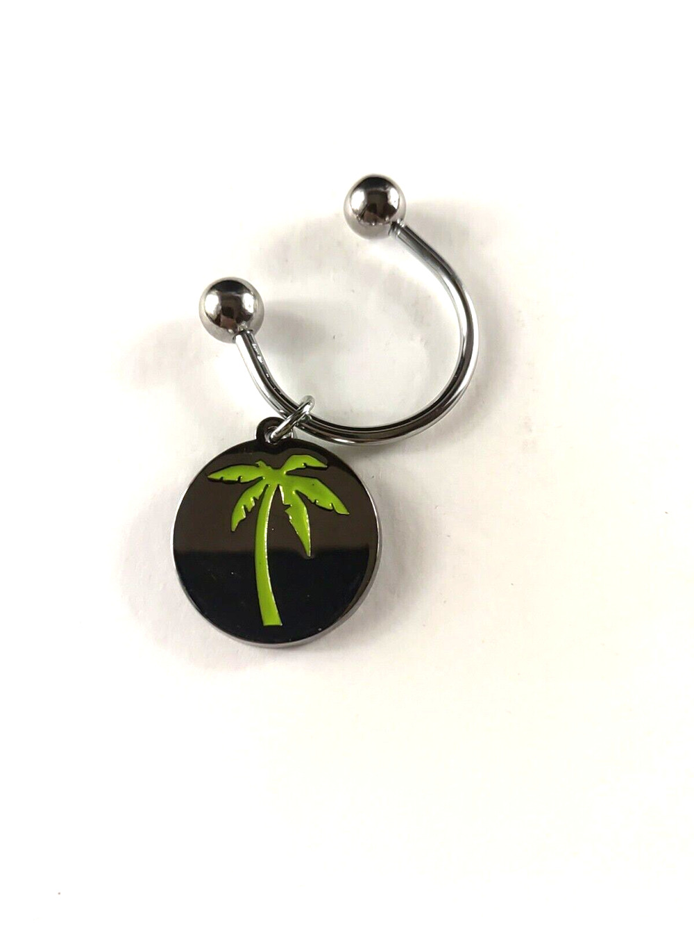 Palm Tree Screw Keychain Silver Tone Green Futurist Unusually Beach Ocean